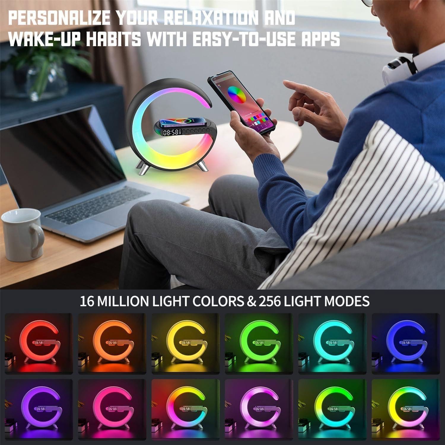 Pametna LED Stolna Lampa 4-u-1 – Bežični Punjač, Bluetooth Zvučnik, Budilica i Noćno Svjetlo - Slika 6