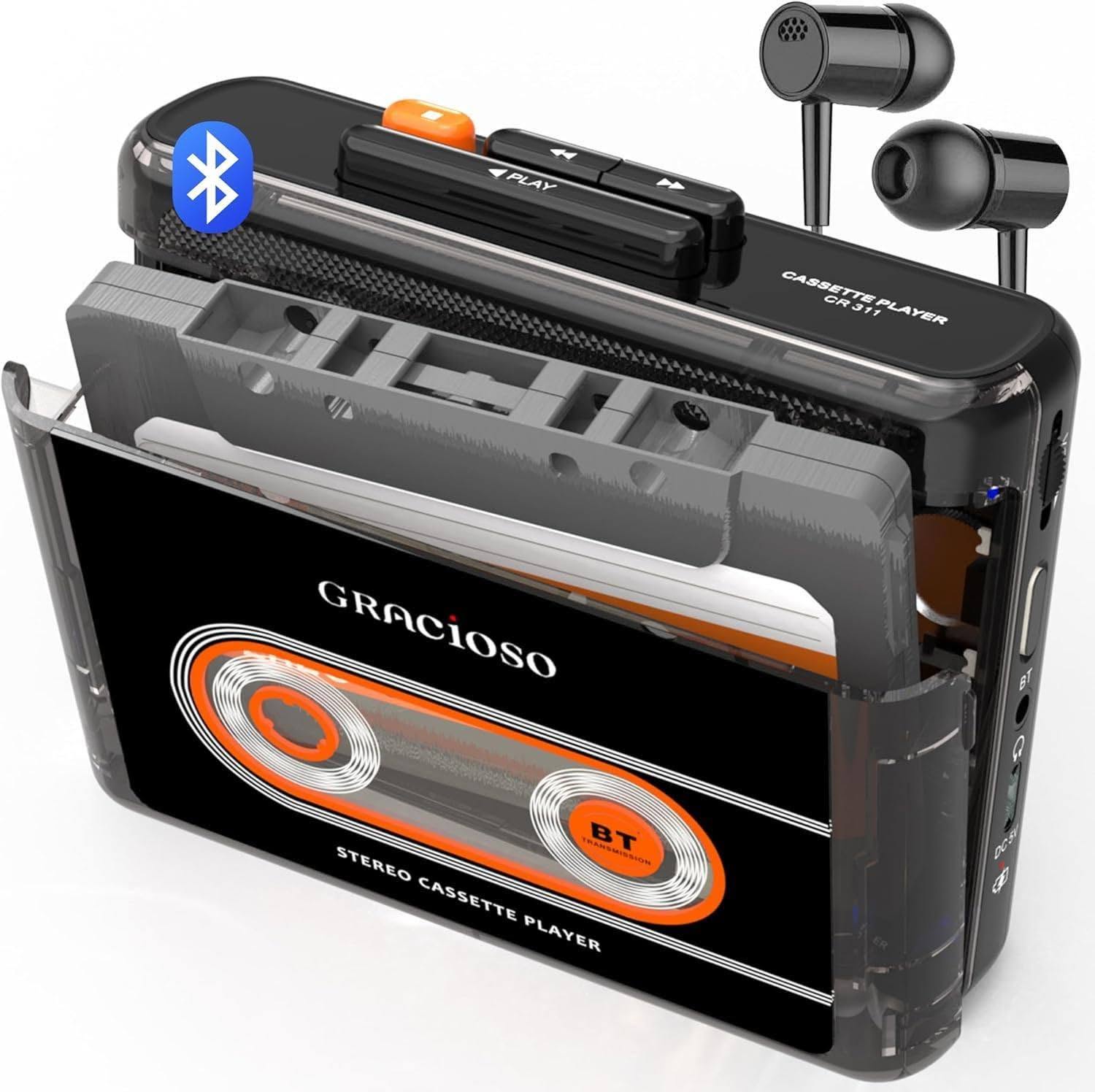 Bluetooth kazetofon s punjivom baterijom 1100 mAh – kompaktan vintage kazetofon sa slušalicama i kopčom za nošenje