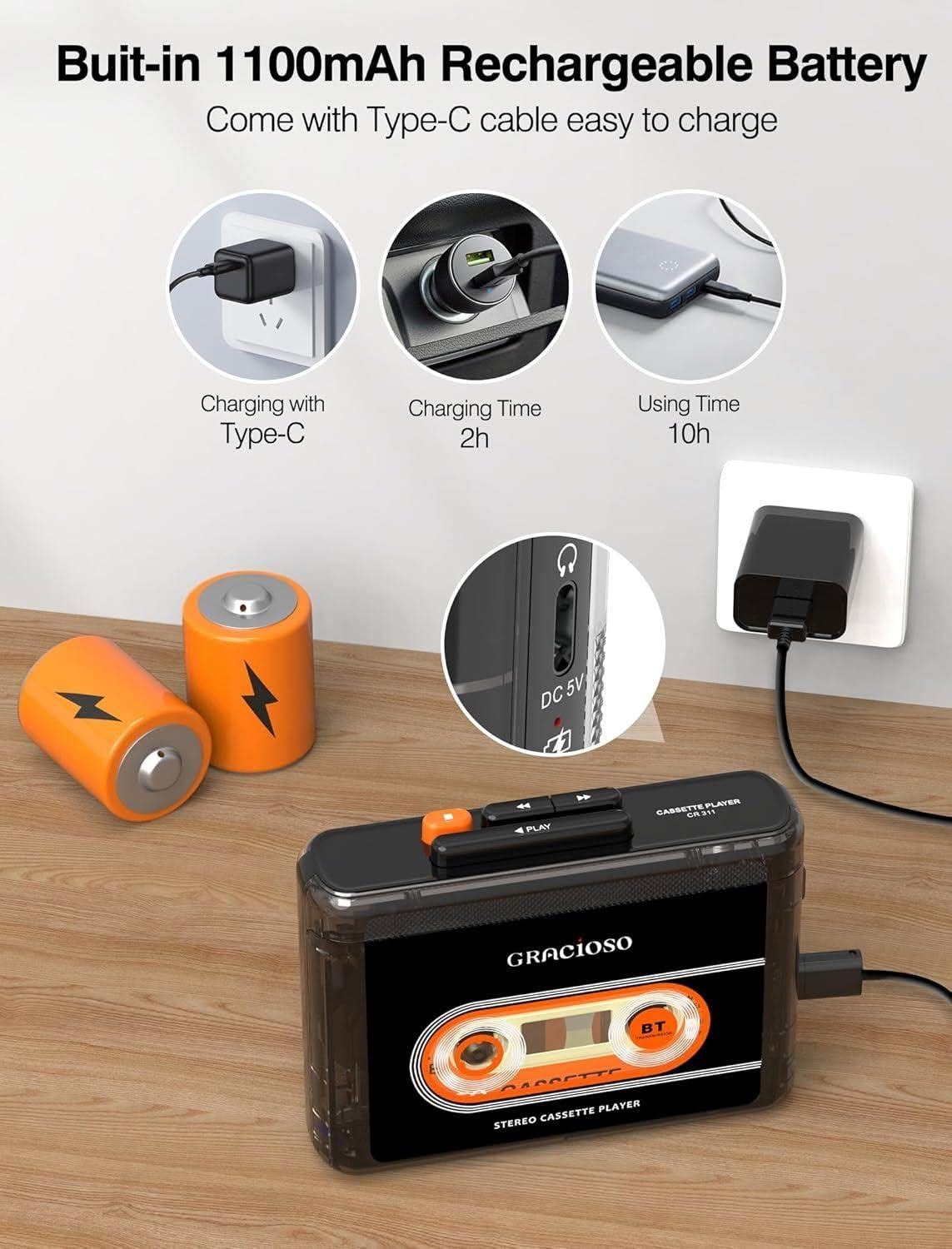 Bluetooth kazetofon s punjivom baterijom 1100 mAh – kompaktan vintage kazetofon sa slušalicama i kopčom za nošenje - Slika 5