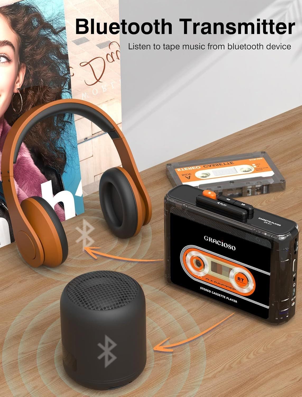 Bluetooth kazetofon s punjivom baterijom 1100 mAh – kompaktan vintage kazetofon sa slušalicama i kopčom za nošenje - Slika 7