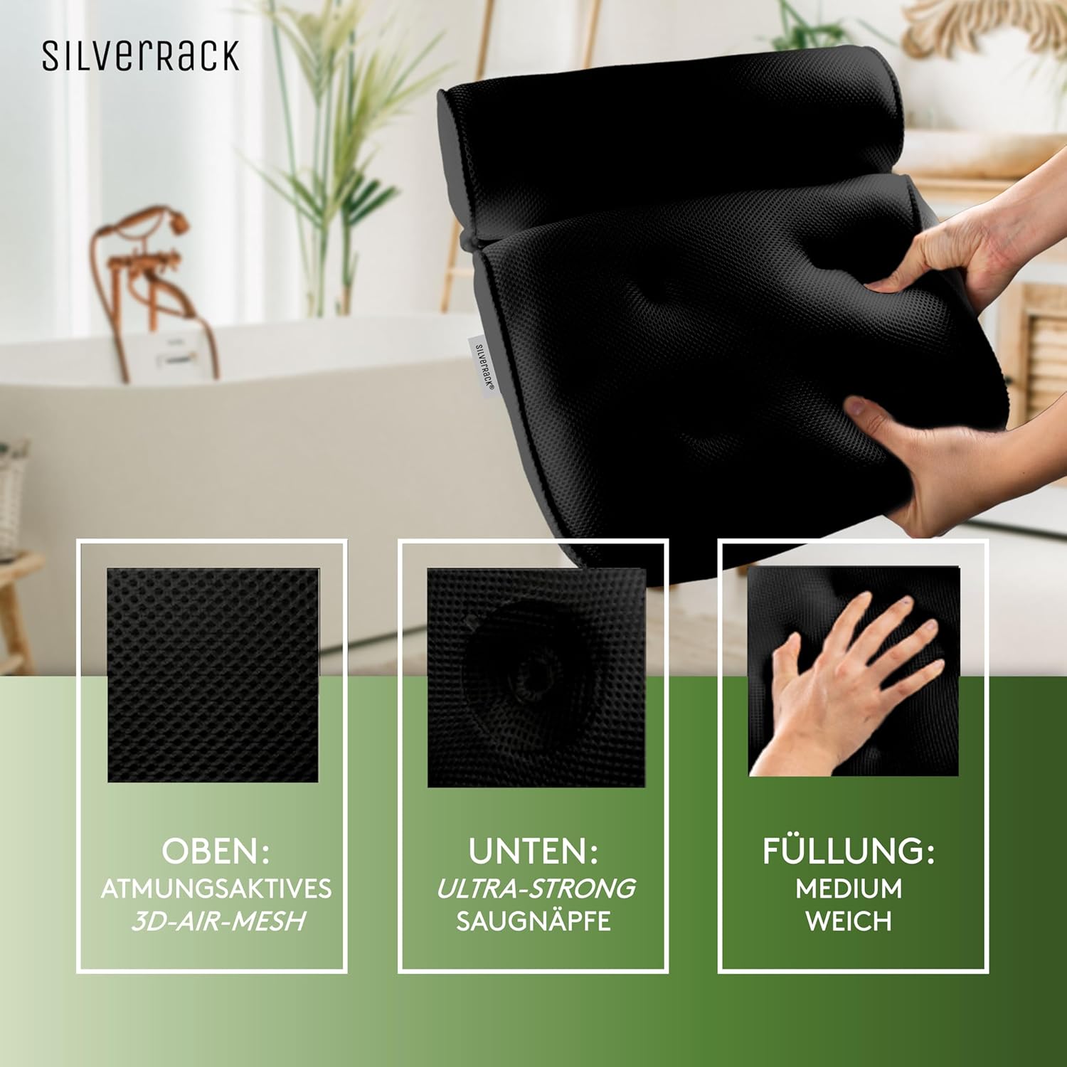 SilverRack jastuk za kadu – ergonomski naslon za glavu i vrat | Crni - Slika 6